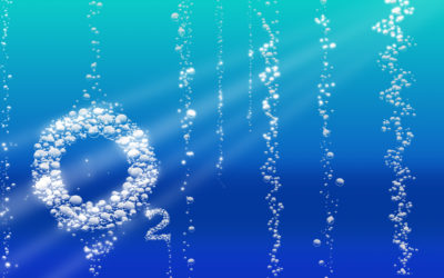 O2 outlined with bubbles and submerged underwater air bubbles in the form of "O2" in the water
