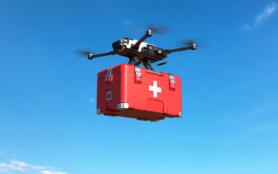 Drone with first aid kit on blue sky, Emergency medical care concept Drone with first aid kit on blue sky, Emergency medical care concept. 3D illustration