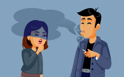 Woman Annoyed by Passive Smoking Health Effects Vector Illustration Selfish man exposing his girlfriend to secondhand smoking dangers