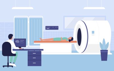 Hospital tomography exam vector illustration, cartoon flat woman doctor character scanning, examining patient on diagnostic scanner machine Hospital tomography exam vector illustration. Cartoon flat woman doctor character scanning, examining patient on diagnostic scanner tomograph Mri machine in medical laboratory scan room background